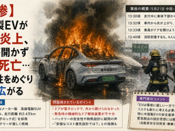 【悲惨】中国製EVが発火炎上、ドアが開かず4人死亡…安全性をめぐり波紋広がる