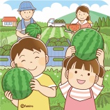『【クリップアート】スイカを収穫する家族のイラスト』の画像