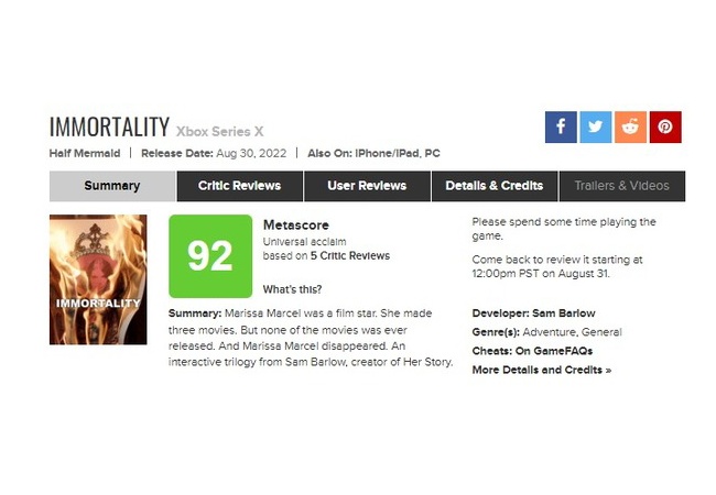 XBOX、ゲームパス対応Immortalityがメタスコア92点を叩き出す