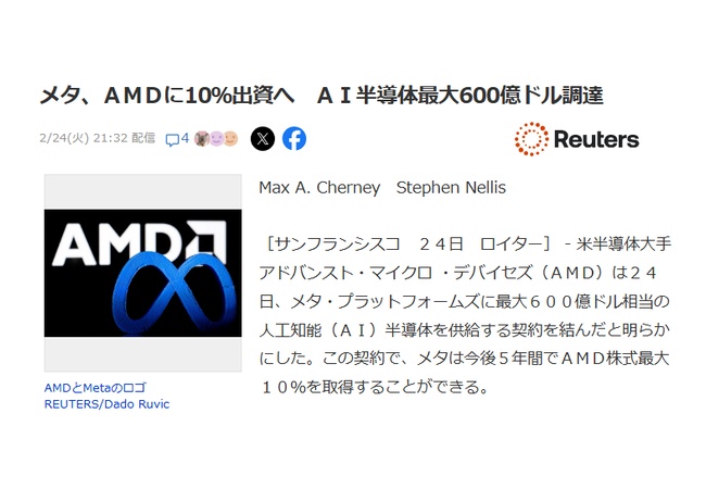 メタ、AMDに9.3兆円出資へ