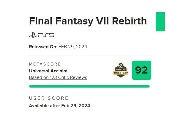 FF7リバース、メタスコア92点の高評価　神ゲーが確定する