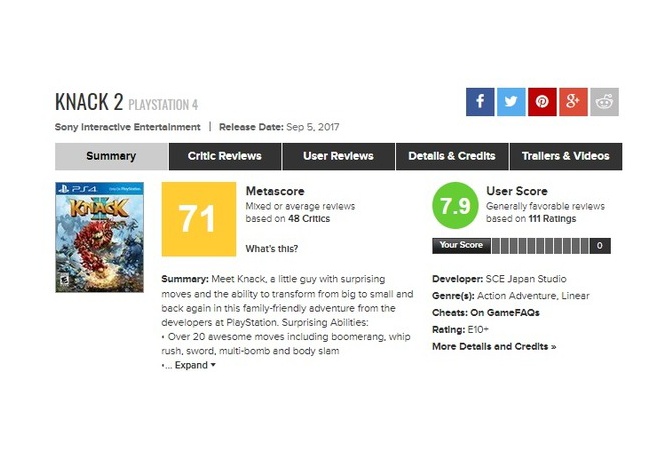 【悲報】knack2、メタスコア71点