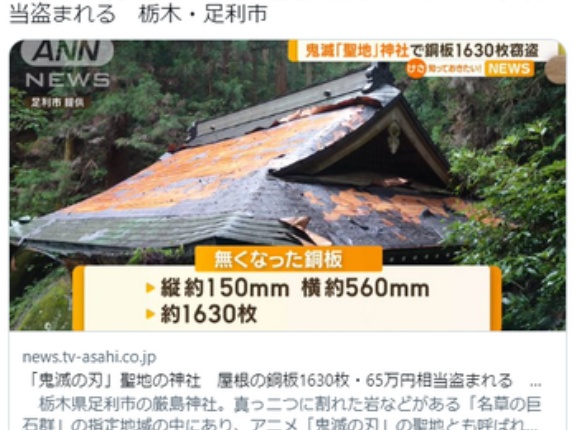 「鬼滅の刃」聖地の神社　屋根の銅板1630枚・65万円相当盗まれる　栃木・足利市