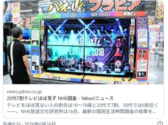 テレビ離れ加速、20代は7割・30代は6割がほぼ見ず NHK調査