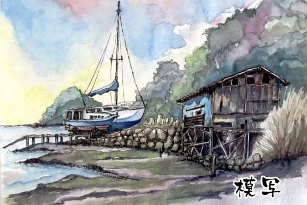 市場の風景 水彩画 作者不明 神戸の街とシティループバス 【透明水彩風景画】 Kobe Japan