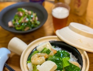 自宅めし　海老と豆腐のあんかけ土鍋ごはん