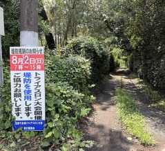 千本浜に鉄人たちが集結。旧国イチには看板がいっぱい立ってた。千本浜トライアスロン大会は8月2日開催だって。