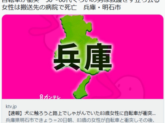 【兵庫】犬に触ろうと路上でしゃがんでいた83歳女性に自転車が衝突　50～60代くらいの男は救護せず立ち去る　女性は搬送先の病院で死亡