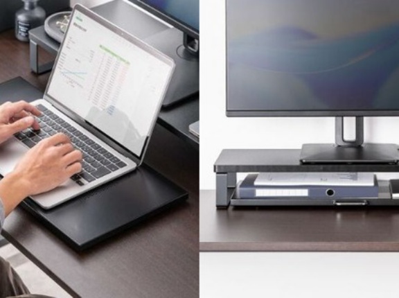 モニター台の下に、キーボードやマウスを収納！収納自在の卓上スライダー