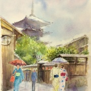水彩画：自転車と風景 2006年作 楽天市場】自転車のある風景 5枚セット ( 犬 町屋 先斗町 鴨川