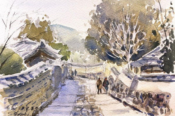 水彩画 親子の公園散歩 風景画 透明水彩画「憩い」（横浜の公園でみかけた風景） : 水彩的生活