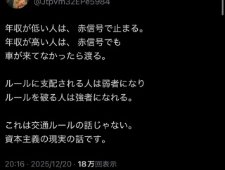 Xの頭おかしい人「年収が高い人は信号を無視する。ルールを破る人は強者になれる。」