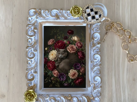 ブリティッシュショートヘアの花の油絵風アートバッグチャームができました！