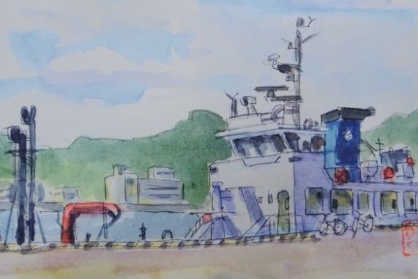港の風景 水彩画 2022年作 2019.02 練習水彩画-柴崎春通さんの夕日が広がる港の風景の模写