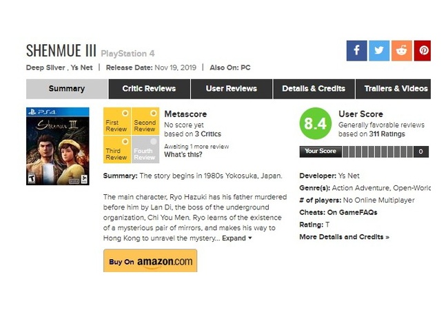 【朗報】シェンムー3、ユーザースコア8.4の高評価 	