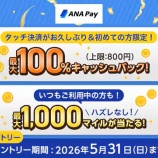 『ANA Pay、タッチ決済（Apple Pay）で最大100％キャッシュバック！』の画像