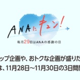 『11月28日から3日間限定のANAにキュン！航空券セール（プレミアムクラス）！ホテル割引クーポン！などの11企画』の画像