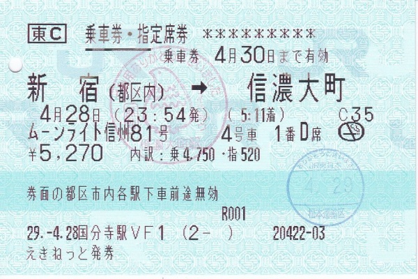 ムーンライト信州81号 乗車券 指定席券 新宿 信濃大町 修行 切符