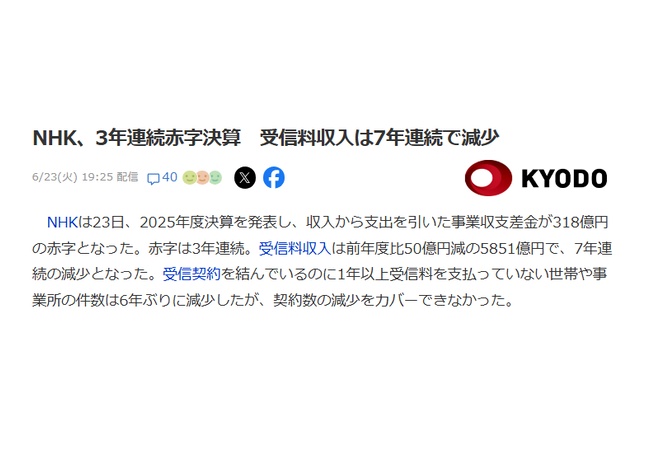 【悲報】NHK、3年連続赤字決算「ガチでキツイ助けて」
