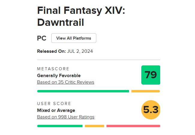 【悲報】FF14黄金のレガシーさん、いつの間にかユーザースコアが5.3になってしまう…