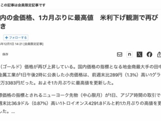 金価格が最高値を更新　ゴールド1グラムは2万3387円に