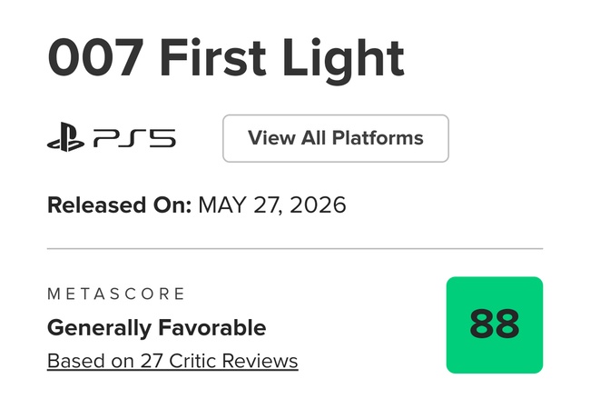 「007 First Light」、メタスコア88でGOTY脱落