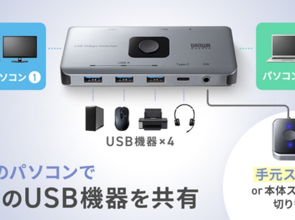 2台のパソコンで4つのUSB機器を共有！手元で簡単に切り替えられるUSB切替器