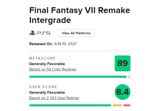Switch2版のFF7リメイク、メタスコア89点獲得