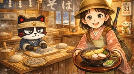 【大晦日】『年越しそばを打つモナニャンと猪鹿猟子』AI画像