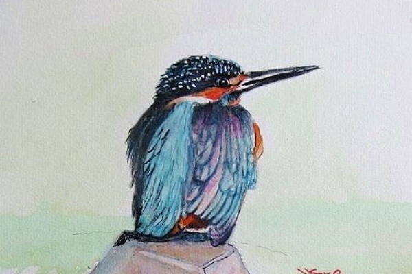 水彩画　川辺の一羽の鳥 水彩画川辺の一羽の鳥