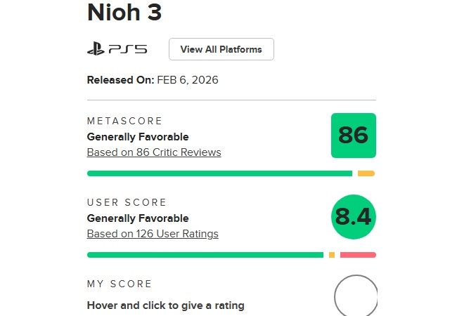 仁王3メタスコア86、ユーザースコア84で無事神ゲーの評価に落ち着く