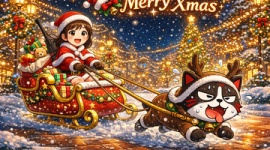 【画像生成AI】「メリークリスマス！」猪鹿猟子サンタとモナニャントナカイが良い子のみんなへプレゼント