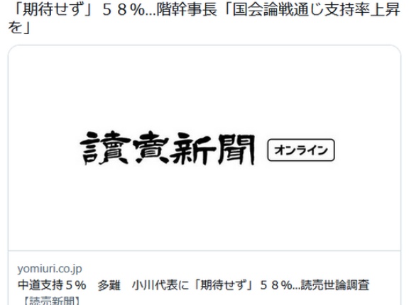 【中道】支持率５％、代表に「期待せず」５８％(読売)…党関係者「『追及ばかりの野党』から殻を破れるかどうかが課題」