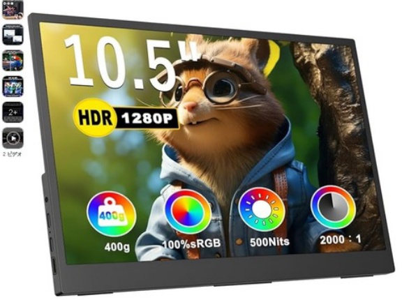 Amazonで激安で購入した、モバイルディスプレイ(10.5インチ)、低電圧USB給電で正常に使えるか検証・消費ワット数を計測してみた。