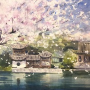 透明水彩鶴見緑地スケッチ「春の風」舞い落ちる桜🌸🌸🌸 : 水彩