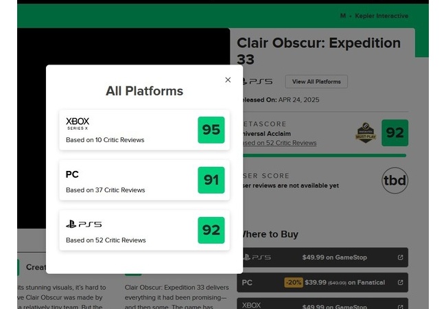 【朗報】フランス産RPG「Clair Obscur: Expedition 33 」メタスコア驚異の92！世界大絶賛！