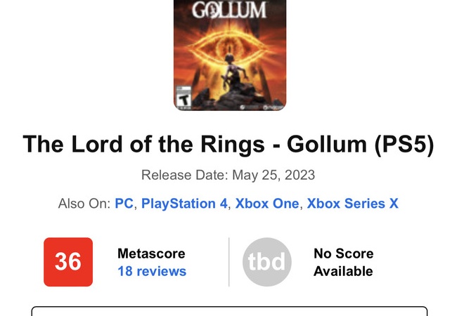 【悲報】PS5 『LotR ゴラム』メタスコア脅威の36