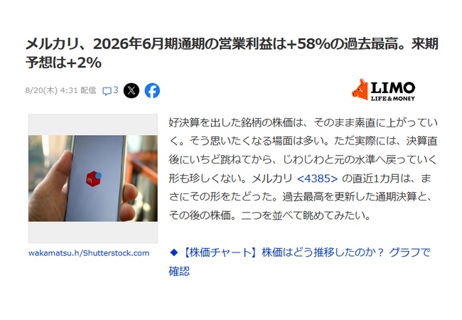 メルカリさん、いくら叩かれようが無傷、過去最高の利益へ