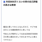 女「年収800万ごときで調子乗るな、こっちは2～3000万の男と顔を合わせしてきたっての」