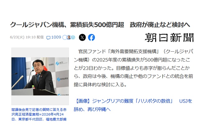 クールジャパン、540億円の損失wwwwwww