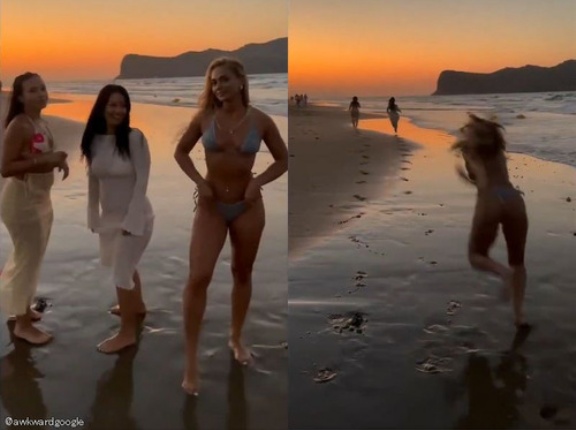 女子短距離のチャンピオンがビーチで友達を追いかけると…この迫力になる