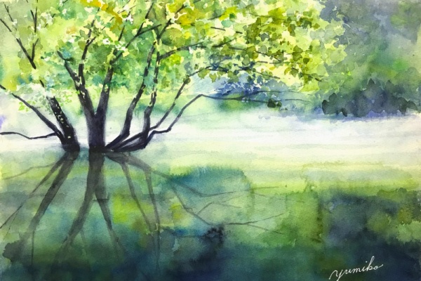 628＊ヤマブキ咲くの遊歩道水彩画原画透明水彩画