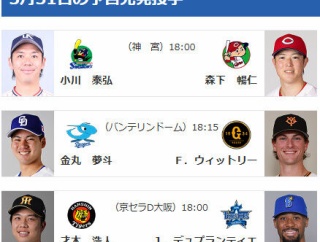 【公示】DeNAルイーズが登録抹消　3/31(火)の予告先発：（T-DB）才木浩人×デュプランティエ