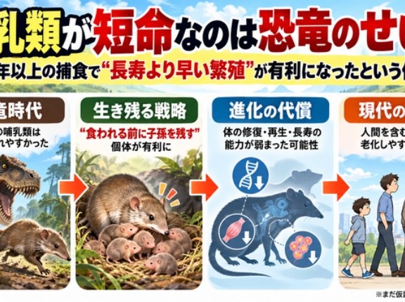 【衝撃】哺乳類が短命なのは恐竜のせい！？1億年以上「食われる前に子孫を残す」進化を続け、人間も長寿の能力を失った説