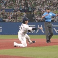 ヤクルト・長岡、折れたバットが足に直撃するも根性でアウトにする