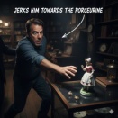 "jerks him towards BO PEEP”の文の"jerks"はどのようなシチュエーションで使われる動詞ですか？