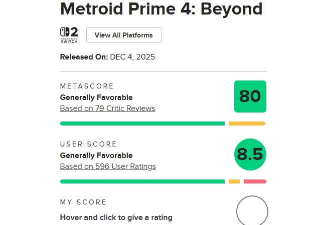 【朗報】メトロイドプライム4、ユーザースコアがメタスコアを上回る