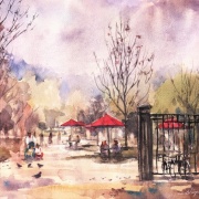 透明水彩スケッチ「初春の公園」～”The スケッチあるある