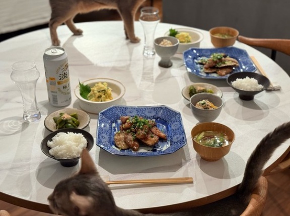 豚肉と茄子のカリカリ照り焼きとかの夜ごはん