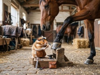 蹄鉄の交換をしているおじさんと馬さん　かわいい